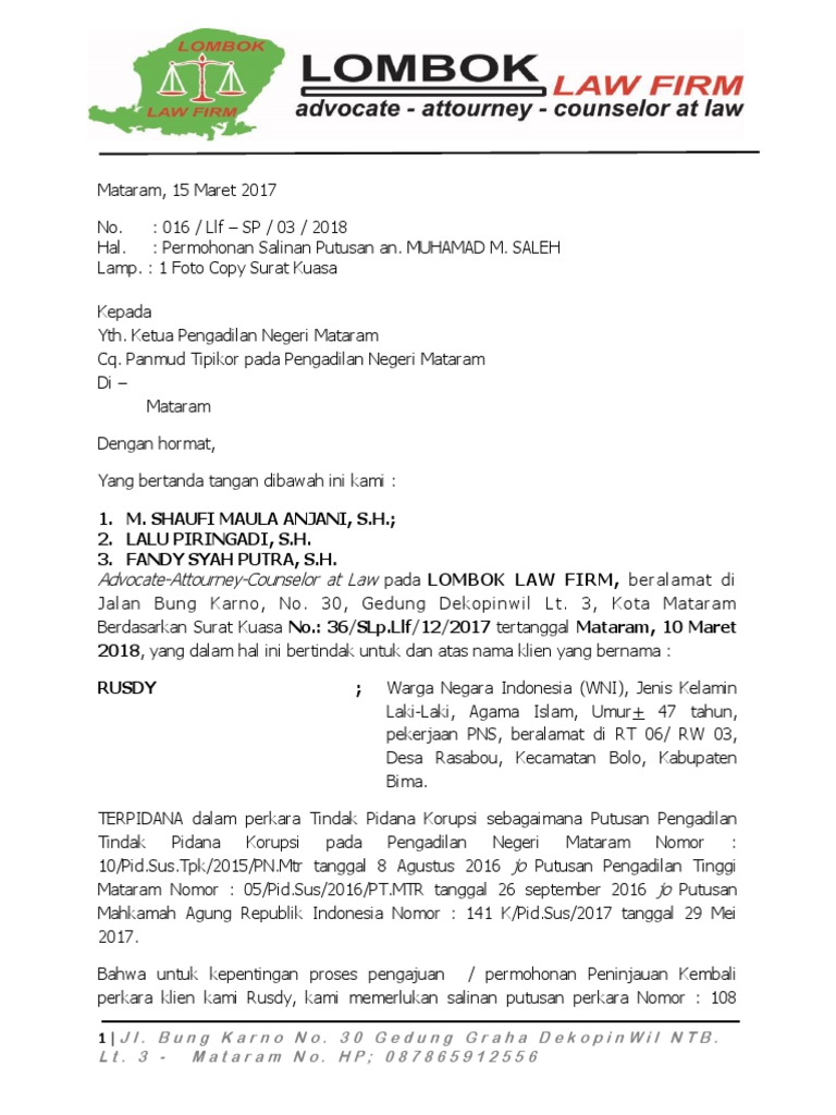 surat permohonan permintaan salinan putusan rusdy | PDF