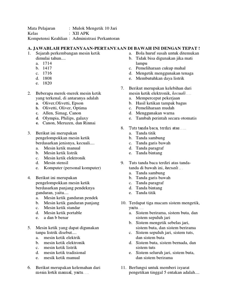 Soal Uas Semester Ganjil Mulok Mengetik Xii Akp