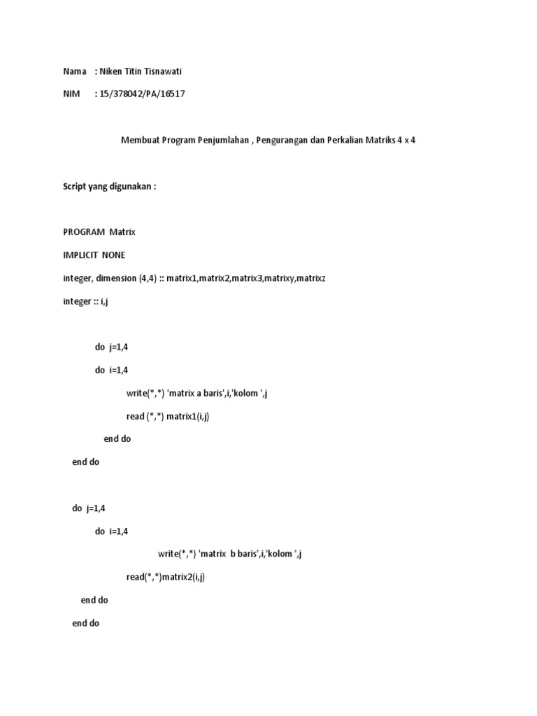 Program Operasi Matriks 4x4 | PDF