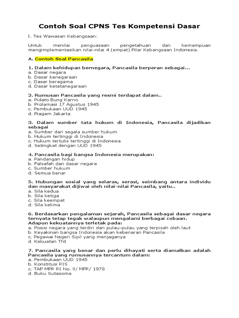 Contoh Soal Cpns Tes Kompetensi Dasar
