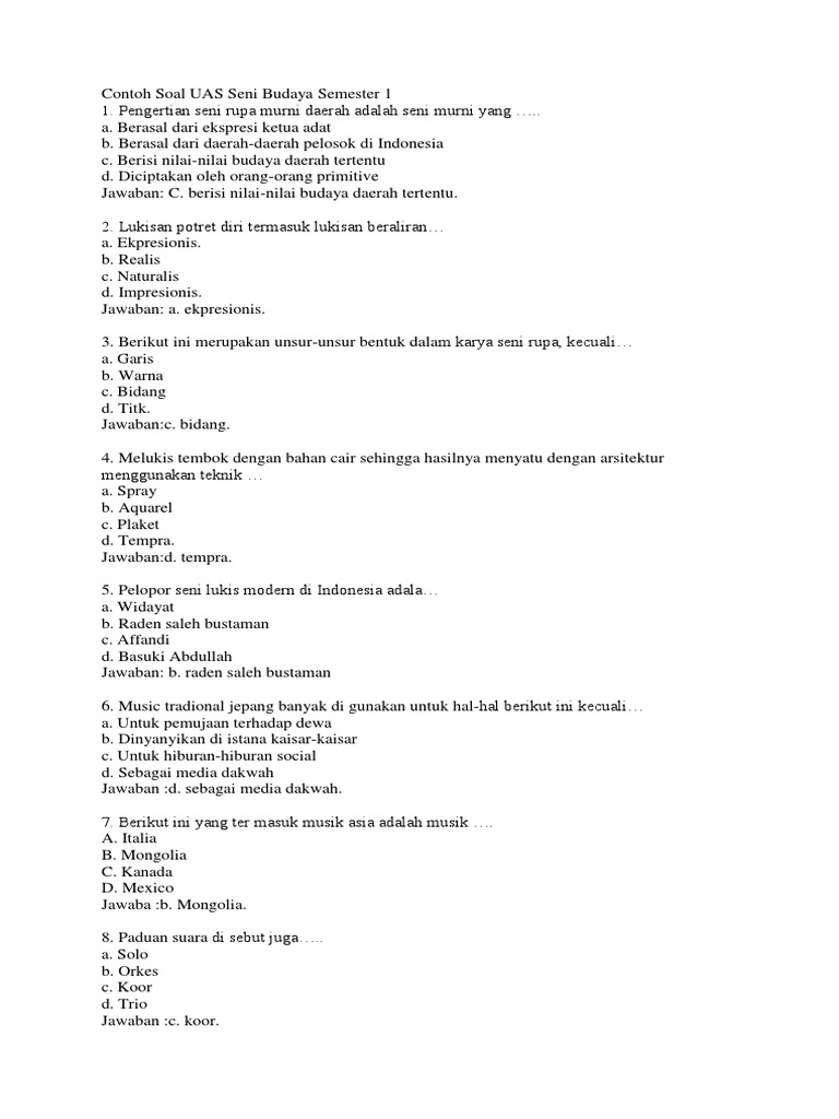 Contoh Soal Uas Seni Budaya Semester 1 Docx