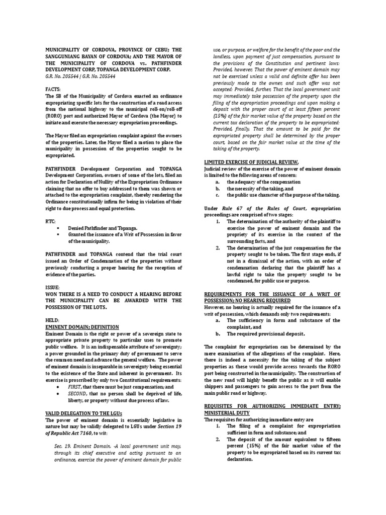 CONSTI II Digest Mun of Cordova Vs Pathfinder PDF Eminent Domain Legal Concepts