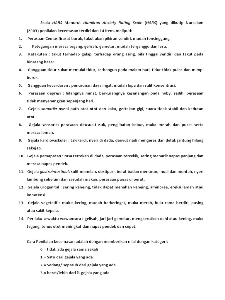 Skala Penilaian Kecemasan Menurut Hamilton Anxiety Rating Scale (HARS ...