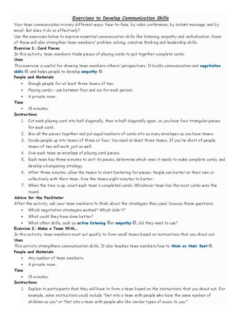 Communication Skills Development Exercises | PDF | Facilitator ...