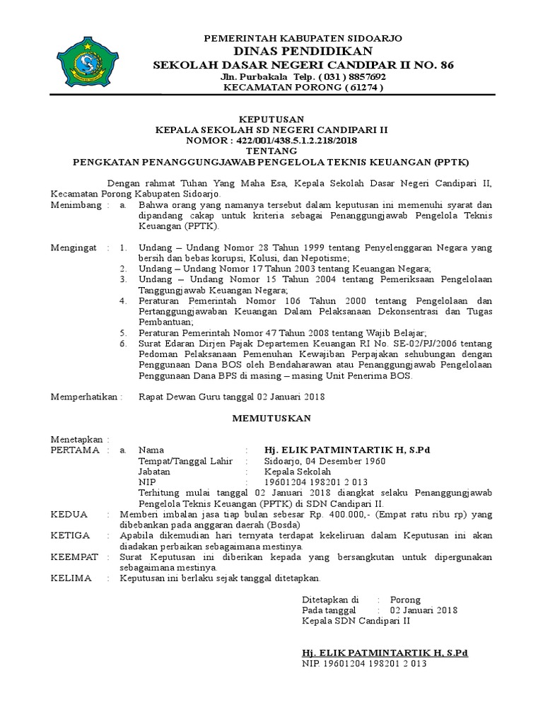 SK PPTK SDN Candipari II 2018 | PDF | Pengelolaan Keuangan & Uang