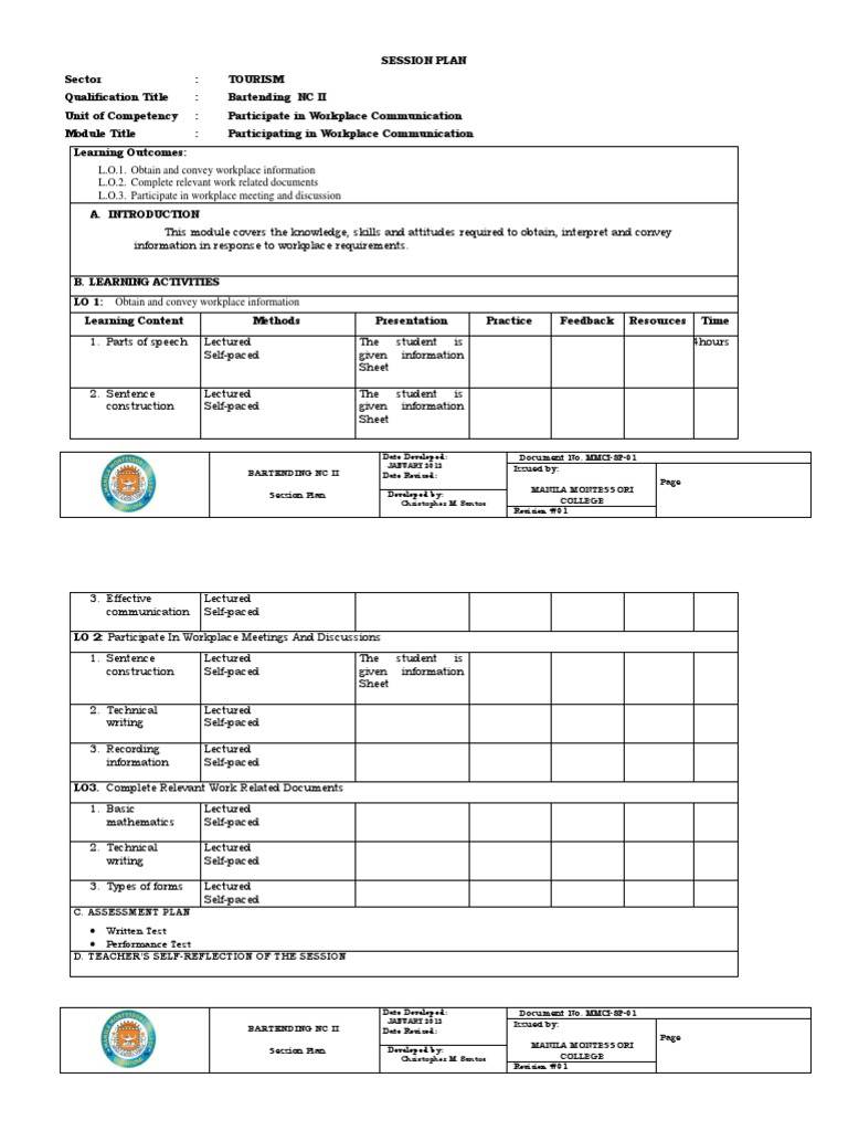 Bartending NC II Session Plan Overview | PDF | Occupational Safety And ...