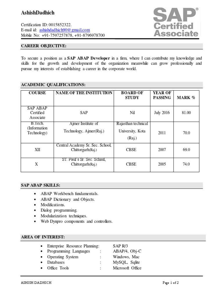 Sap Abap Fresher CV | PDF | Ios | Sap Se