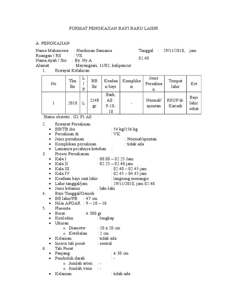 Format Pengkajian Bayi Baru Lahir
