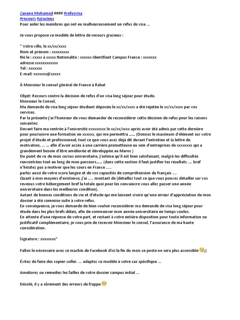 Lettre De Recours Gracieux Pour Refus De Visa Etudiant  Exemple de Lettre