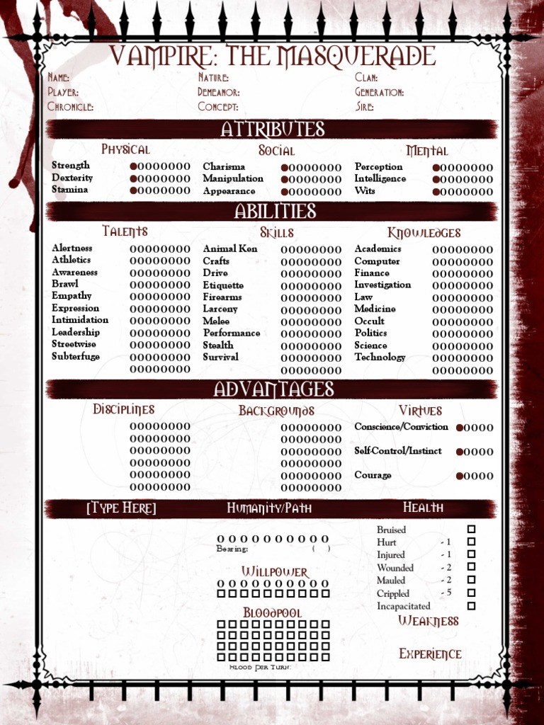 V20 4-Page Renaissance Vampire Interactive Character Sheet