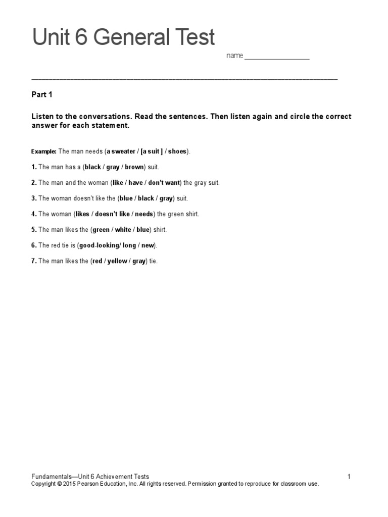Top Notch Fundamentals Unit 6 Assessment PDF Clothing
