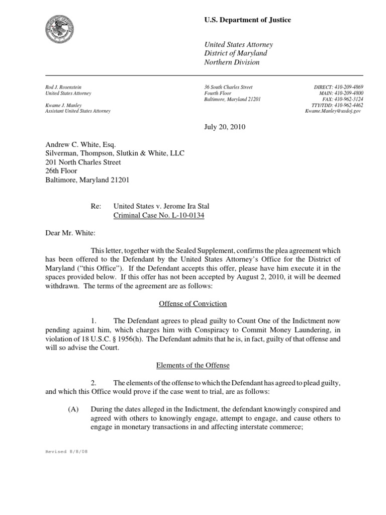 StalJeromePlea United States Federal Probation And Supervised Release