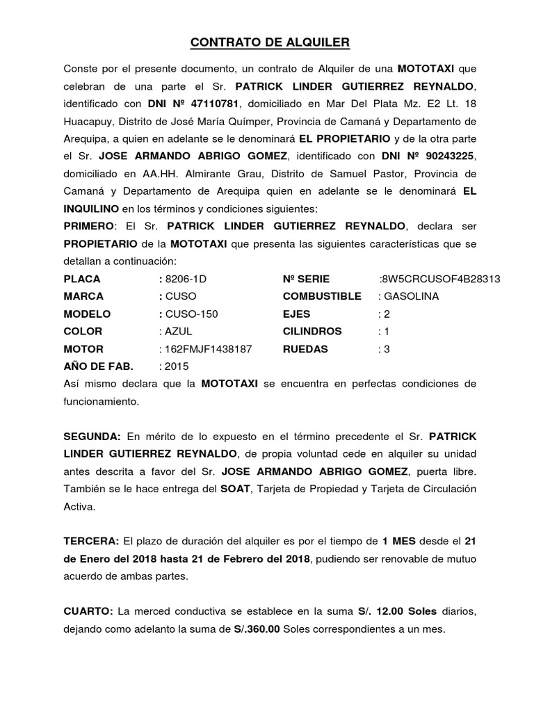 Contrato de Alquiler de Mototaxi | PDF