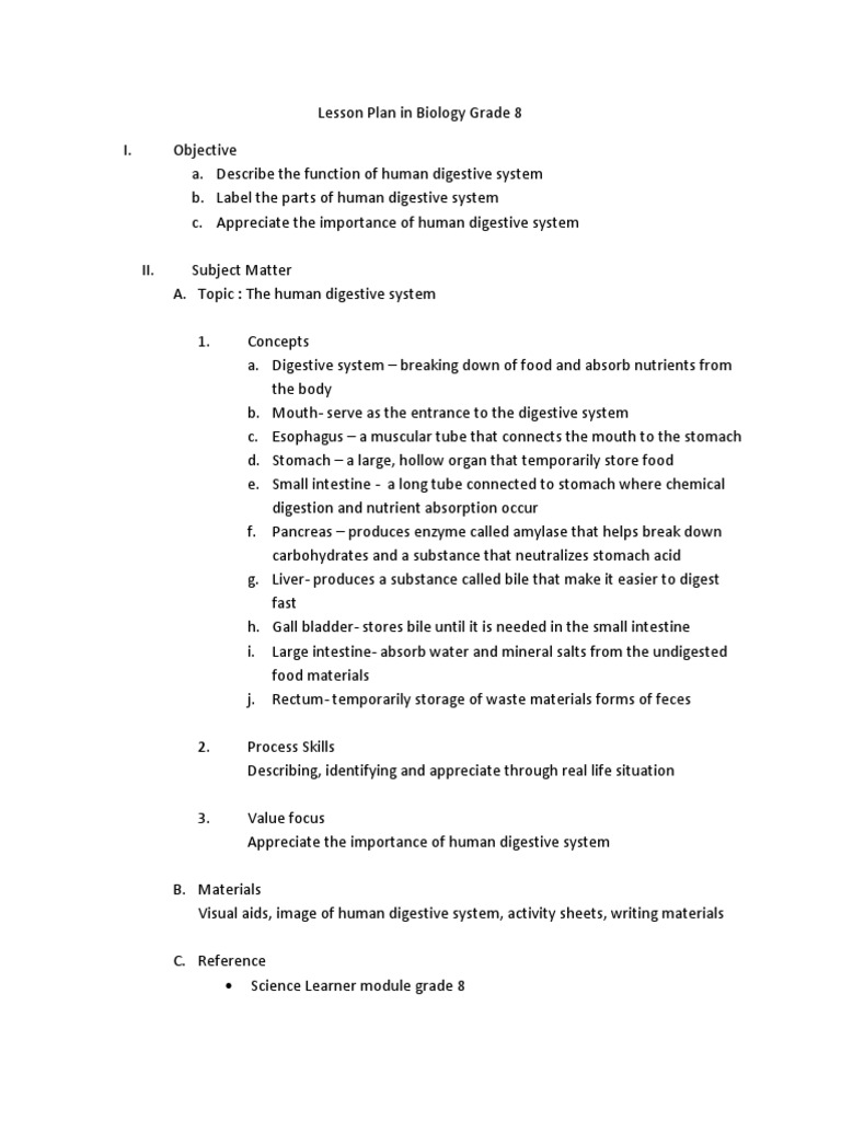 Grade 8 Digestive System Lesson Plan | PDF | Human Digestive System ...
