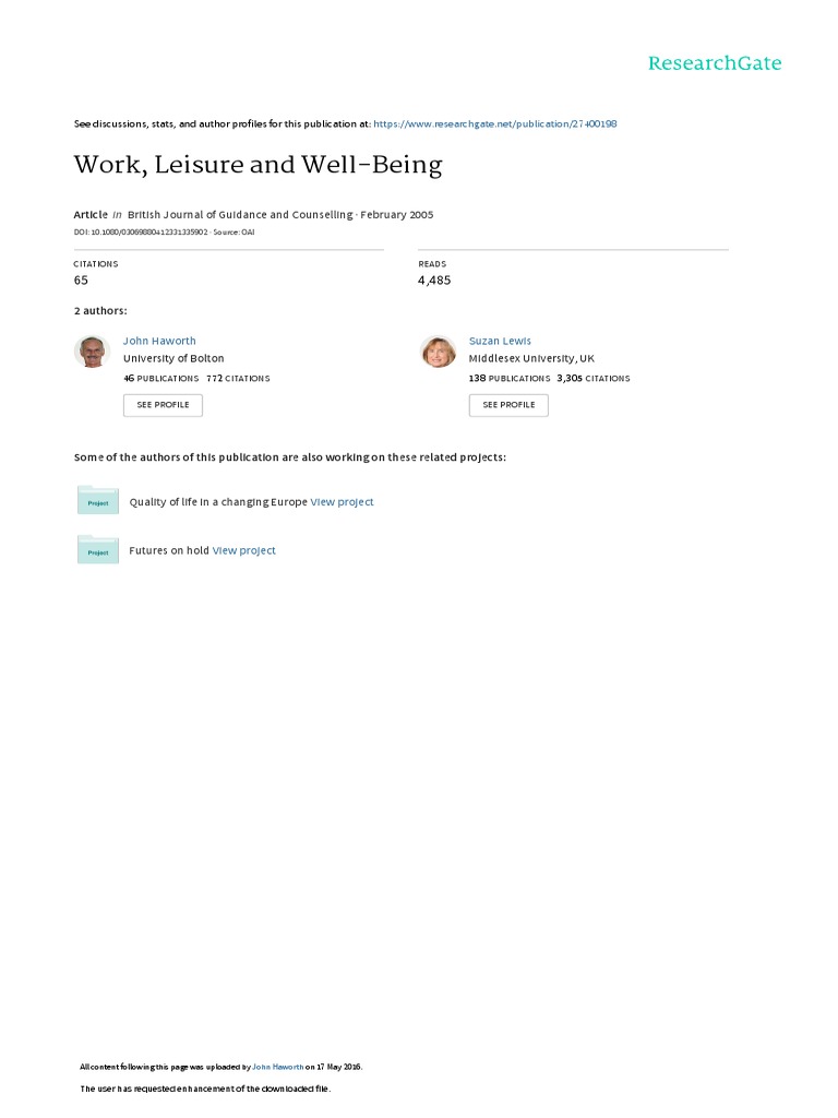 Work Leisure And Well Being Edited By T Haworth And A J Veal Quality Of Life Leisure