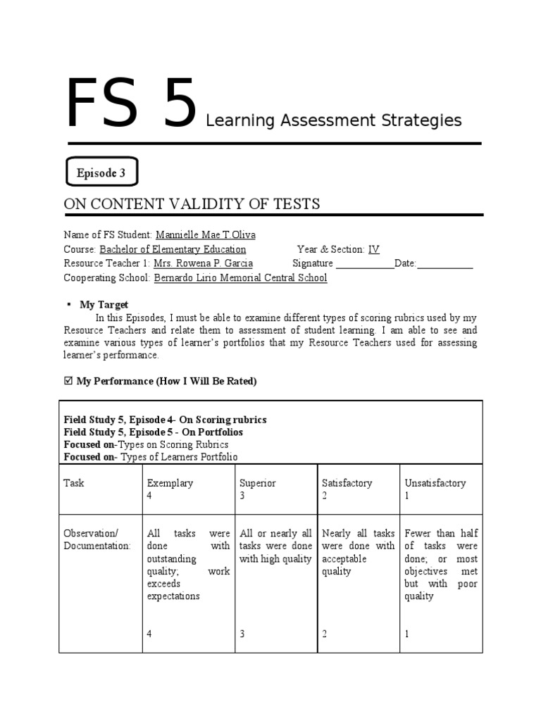 Answer Fs 5 PDF | PDF | Rubric (Academic) | Educational Assessment