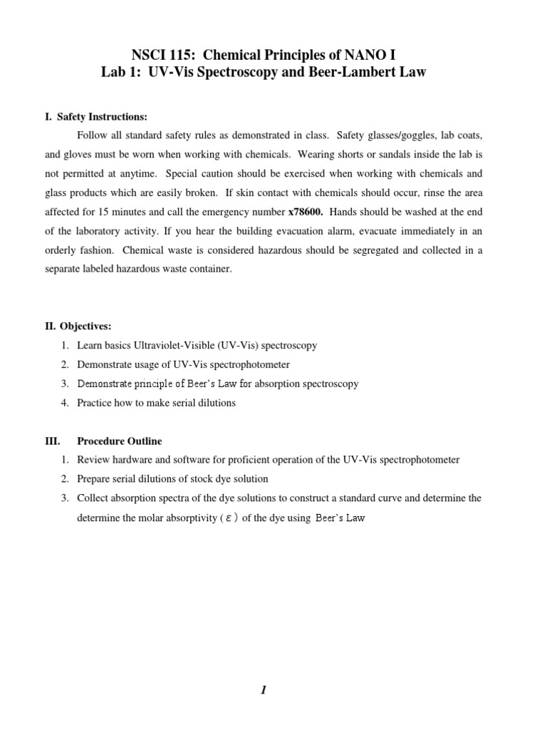NSCI 115 Chemical Principles of NANO I Lab 1 UVVis Spectroscopy and