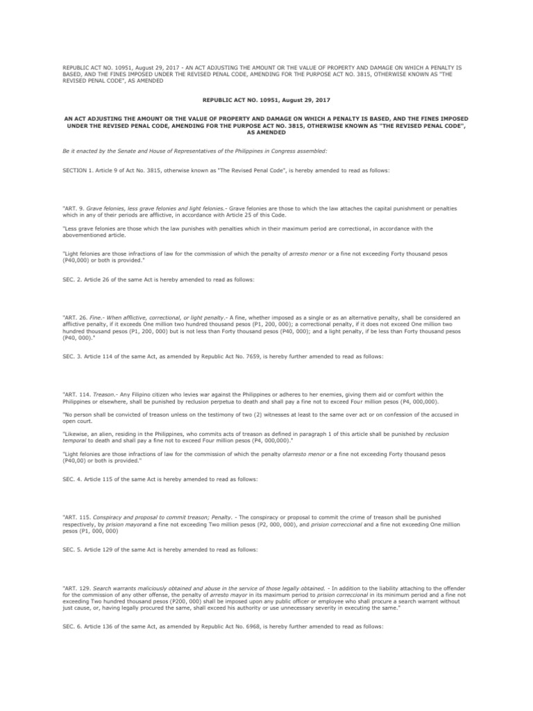 REPUBLIC ACT NO 10951 Increasing The Penalty | PDF | Treason | Fineness