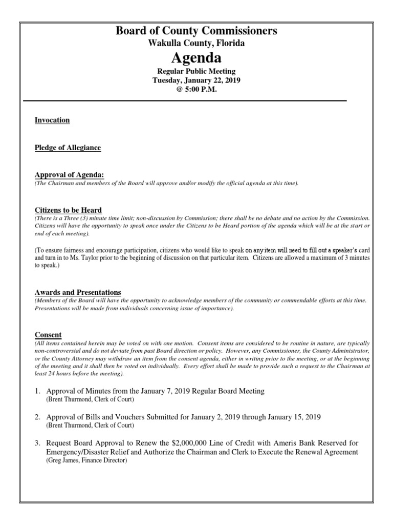 Wakulla County Commissioners Meeting Agenda | PDF | Agenda (Meeting