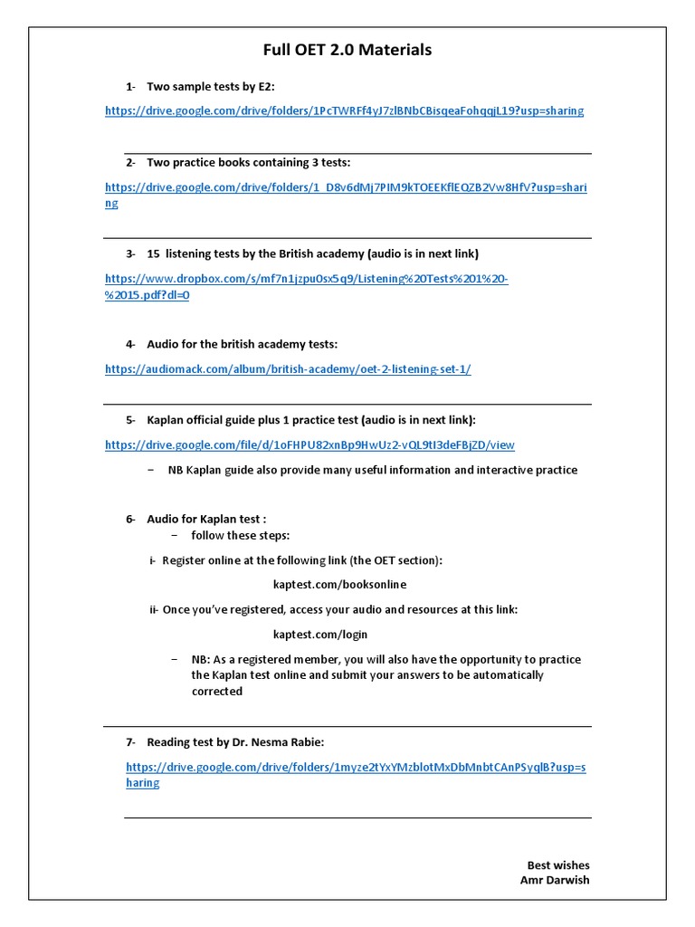 All OET 2.0 Tests by Amr Darwish | PDF