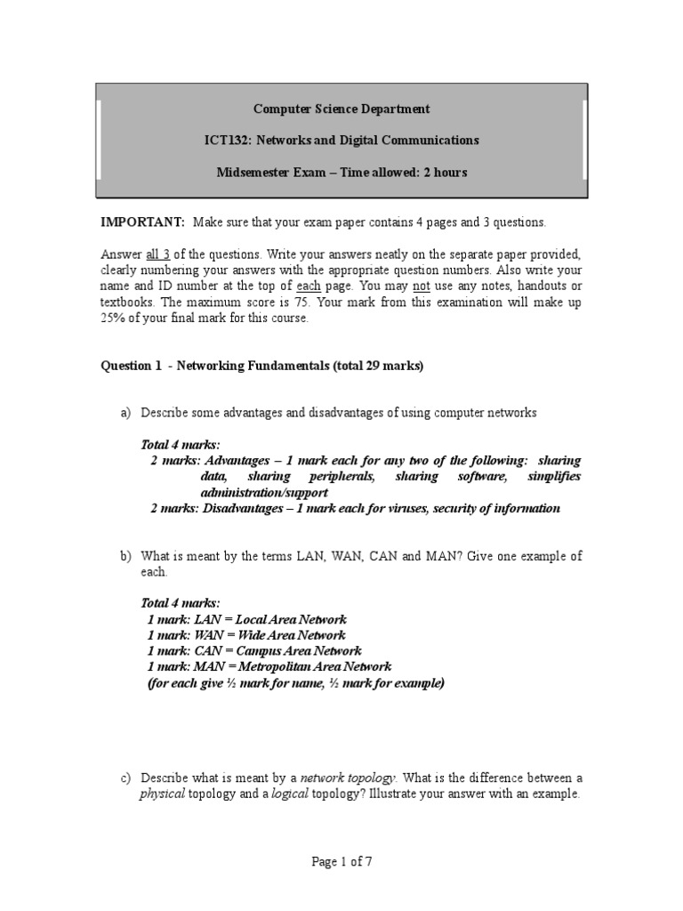 Networking Mid-Semester Exam Marking Scheme - 2004-5 Semester 1 | PDF ...