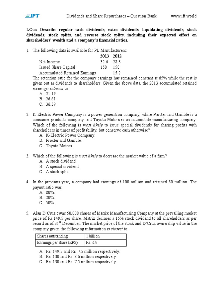 Dividends and Share Repurchases Quiz | PDF | Share Repurchase | Dividend