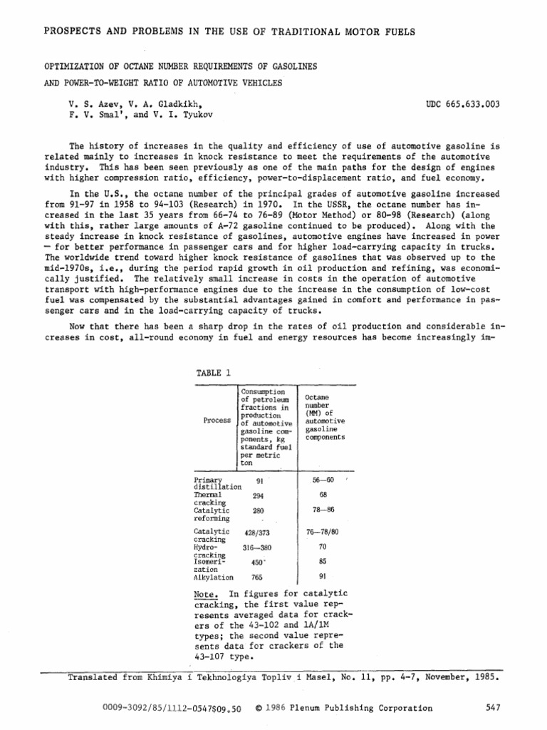 OPTiMIZATION OF OCTANE numbER rEQUIREMENtS OF GASOLinES | PDF ...