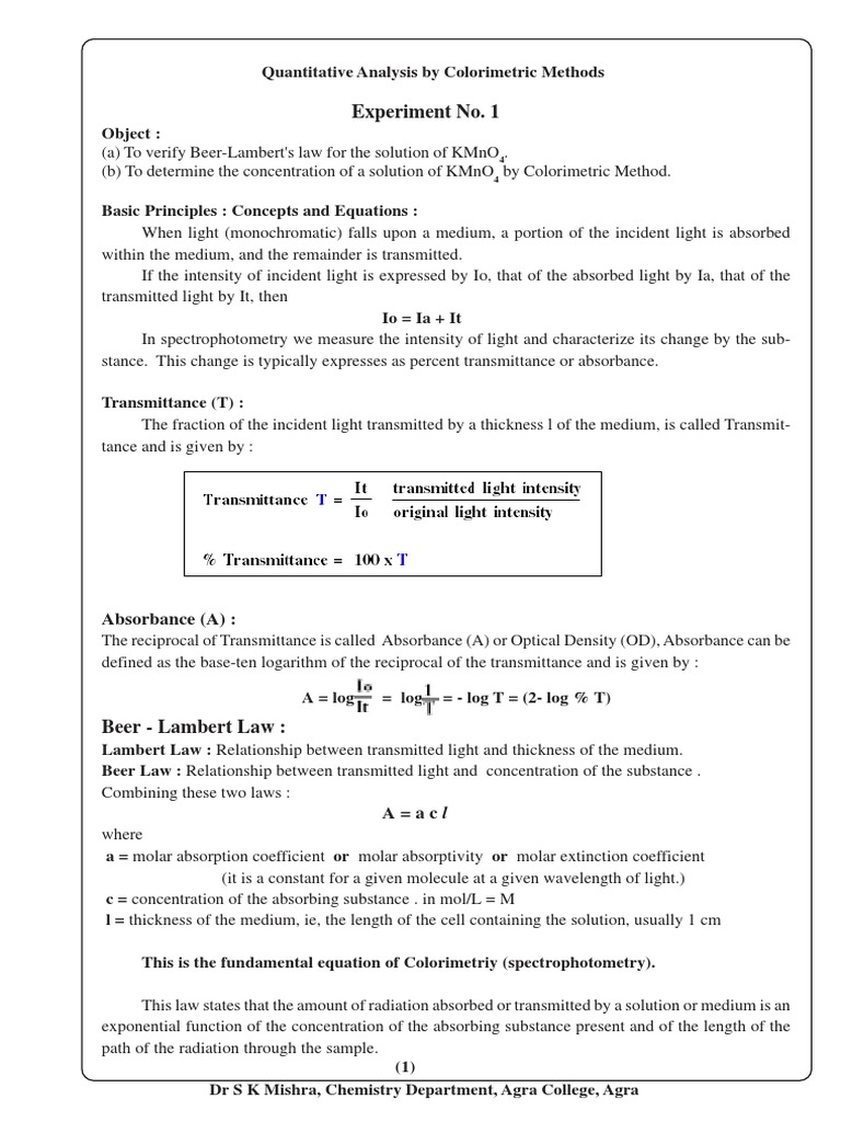Verification of BeerLambert's Law and Determination of an Unknown Concentration of Potassium