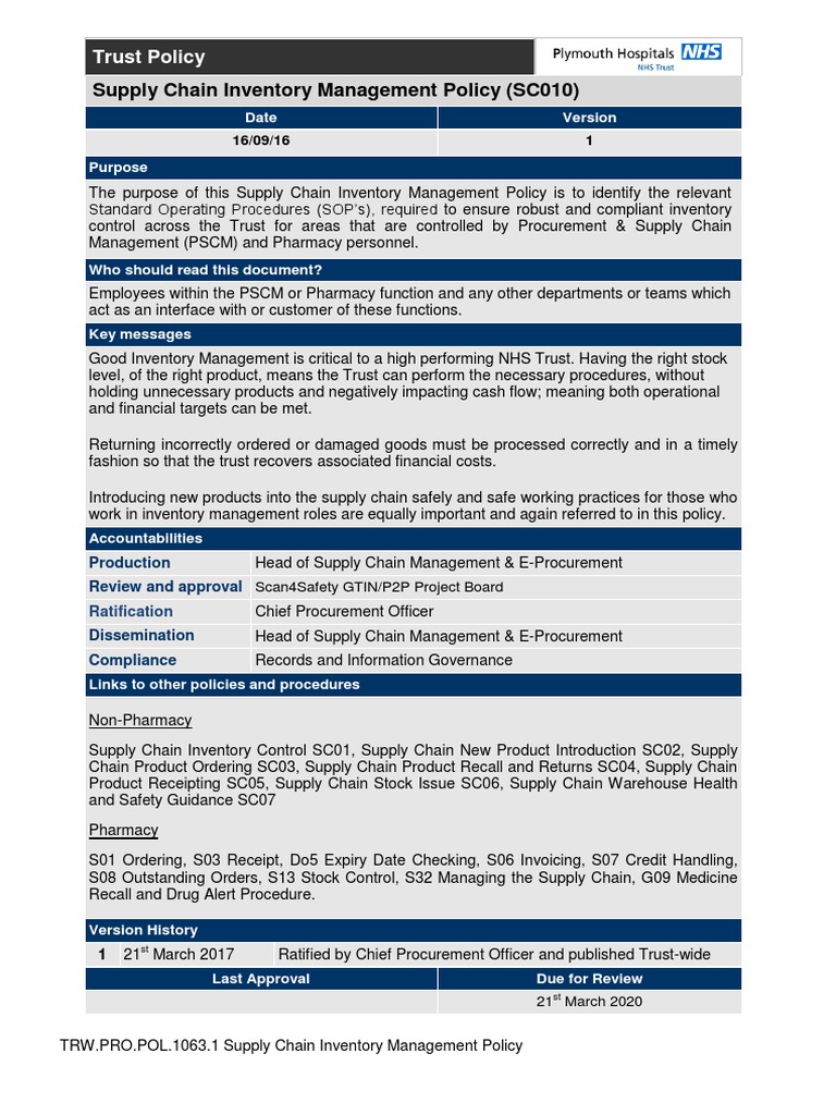 Supply Chain Inventory Management Policy Sc010 Equal Opportunity Supply Chain