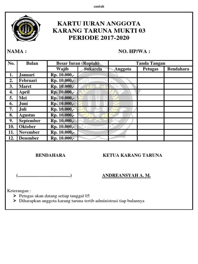 Contoh Kartu Iuran
