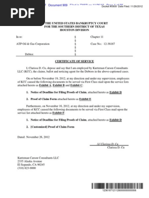Docket #0909 Date Filed: 11/26/2012 | PDF | Chapter 11 | Service Companies