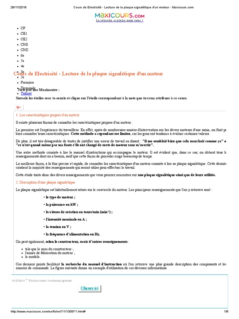 Cours de Electricité Lecture de La Plaque Signalétique D'un Moteur — free download