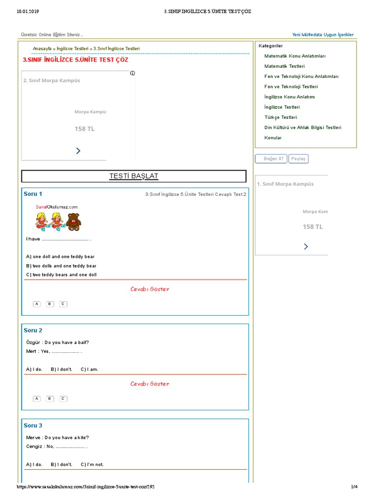 Morpa Kampus 3 Sinif Fen Bilimleri Testi Ilosofia