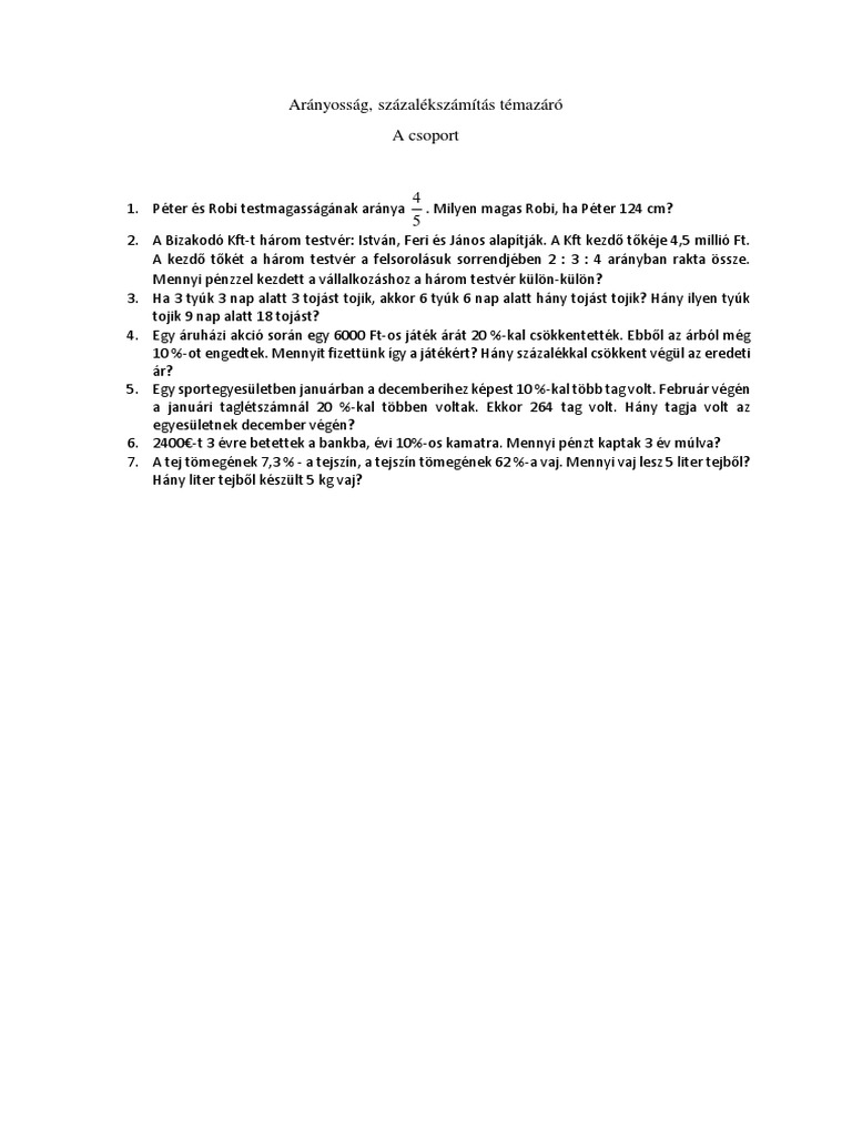 Aranyossag Szazalekszamitas Temazaro A