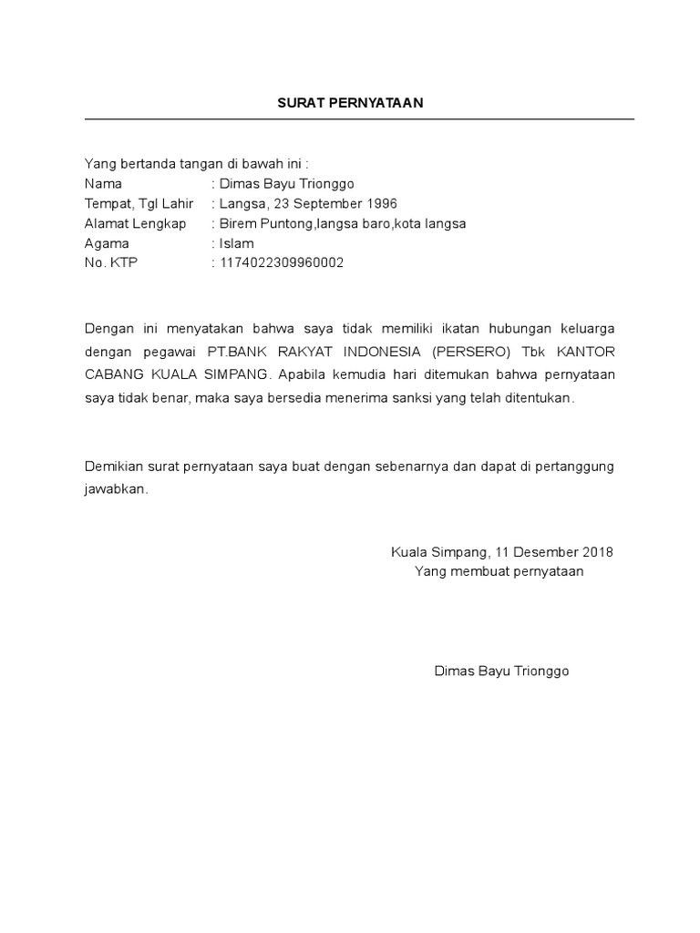 Surat Pernyataan Tidak Memiliki Hubungan Keluarga Bagi