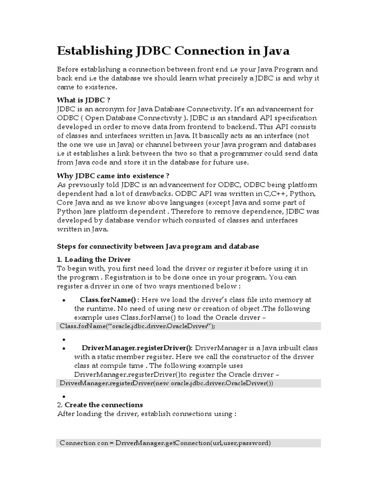 Establishing JDBC Connection in Java | PDF | Parameter (Computer ...