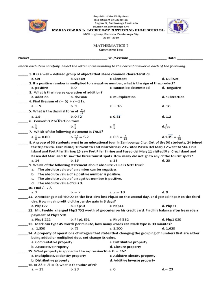 MCLL National High School Math Test | PDF | Fraction (Mathematics ...