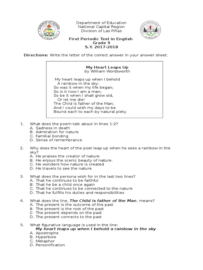 First Periodic Test in English Grade 9 S.Y. 2017-2018 Directions: Write ...