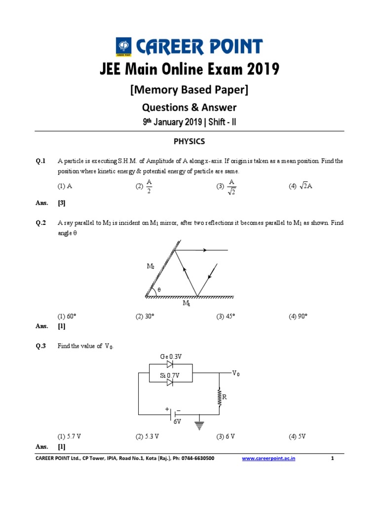 JEE Main Online Exam 2019: (Memory Based Paper) | PDF | Electronvolt ...