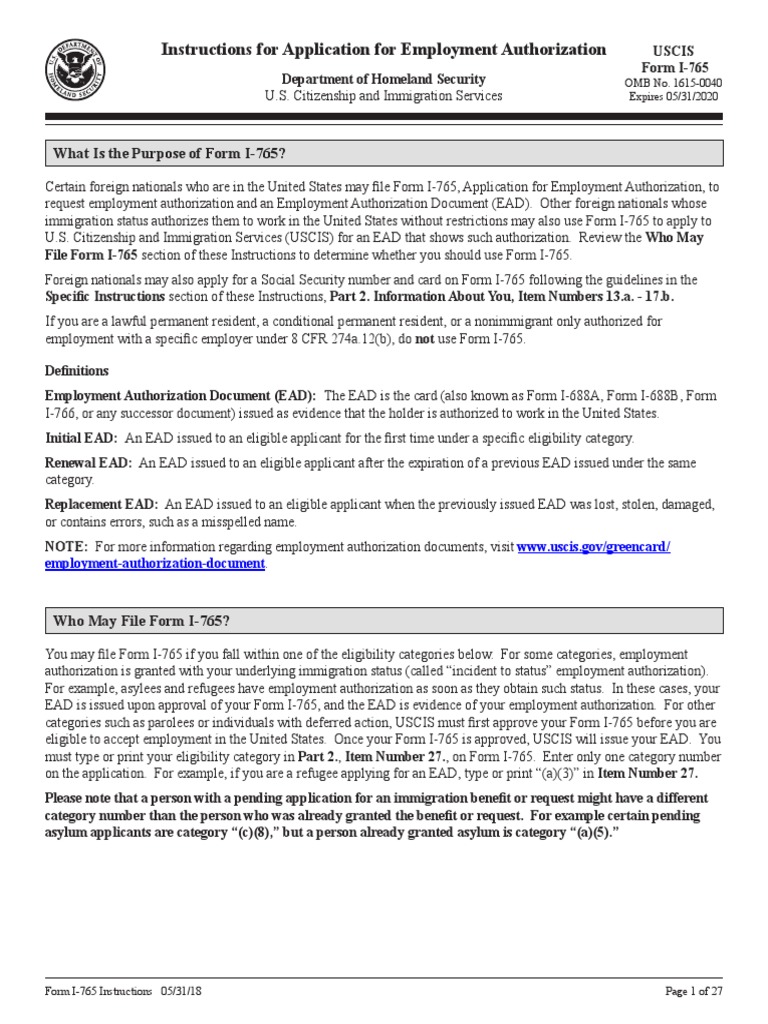 Form i-765 | pdf | h 1 b visa | immigration to the united states