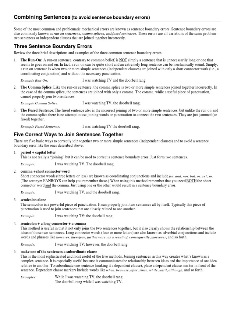 Combining sentences three sentence boundary errors pdf language