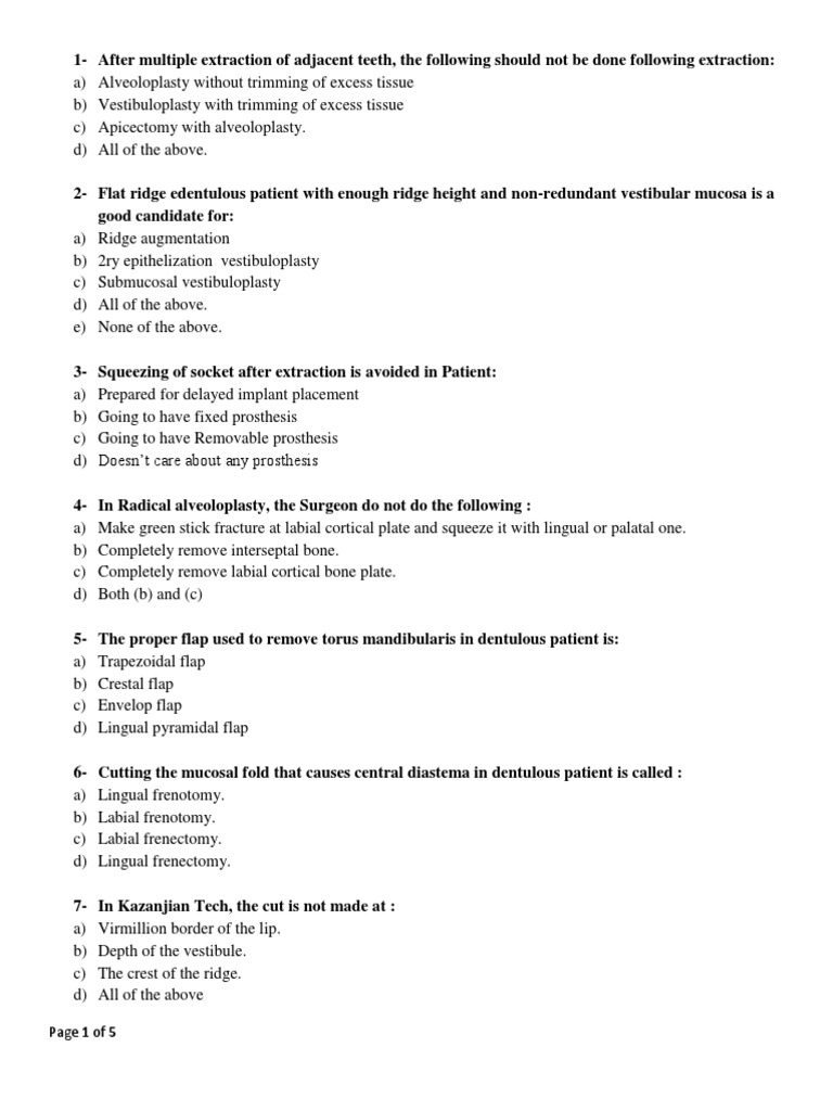 MCQ Preprosth Surgery PDF Dentures Dental Implant
