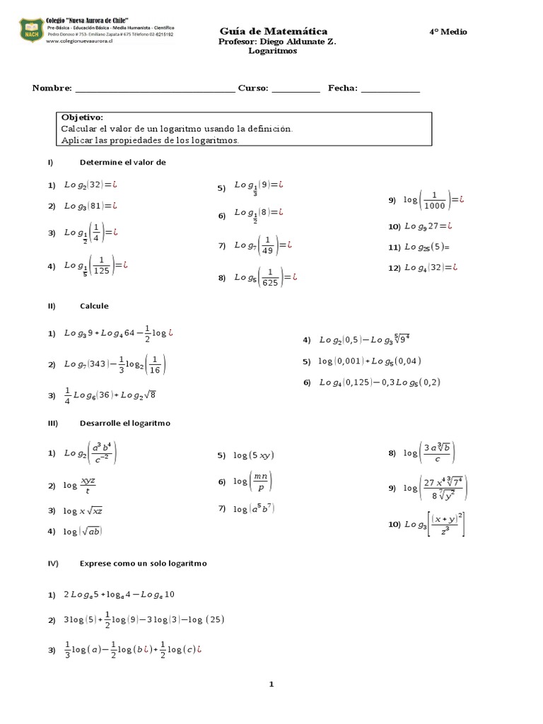 Guia N 2 Logaritmos Logaritmo Números Guia N 2 Logaritmos Logaritmo Números