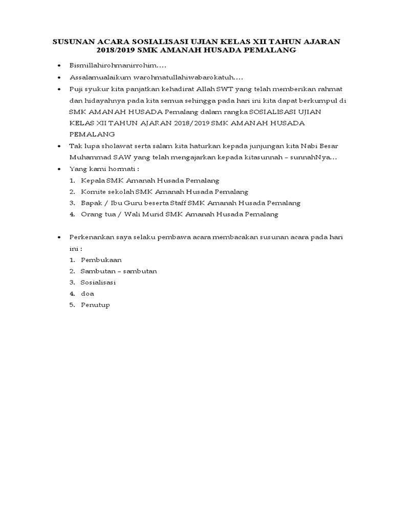 Susunan Acara Sosialisasi Ujian Kls 12