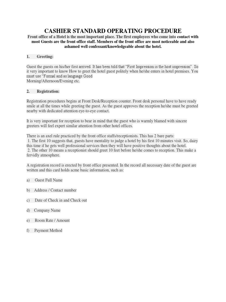 Hotel Cashier SOP Guidelines | PDF | Business