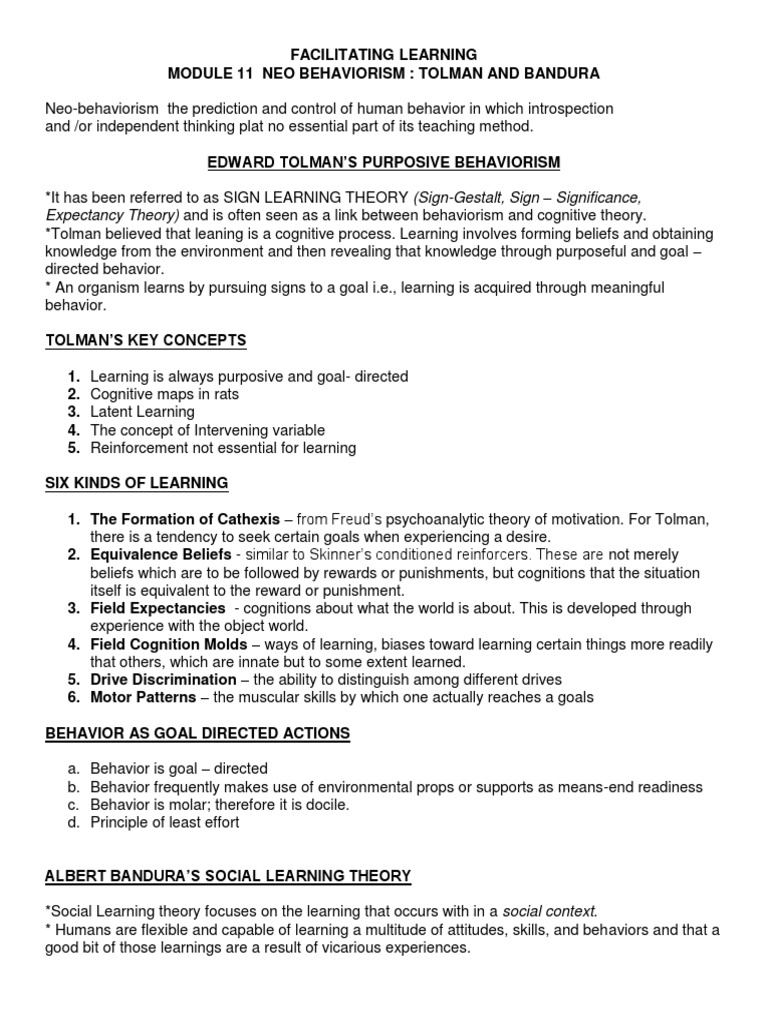 Neo-Behaviorism: Tolman & Bandura Insights | PDF | Behaviorism | Learning