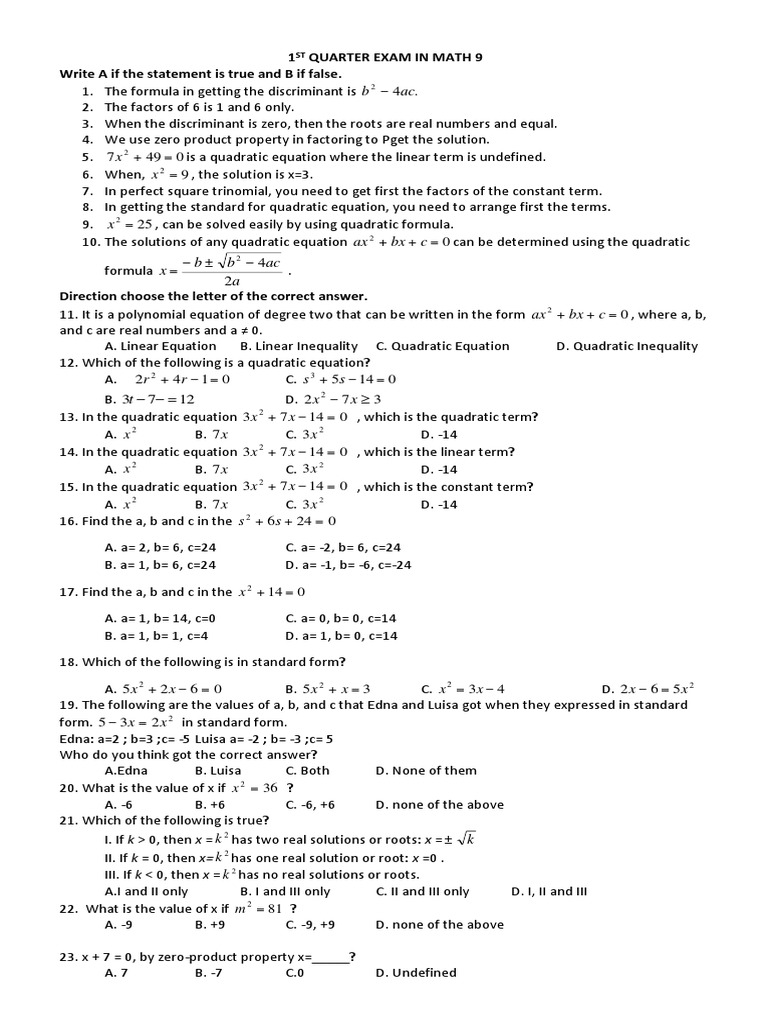 1st Periodic Test in Math 9 | PDF | Quadratic Equation | Factorization