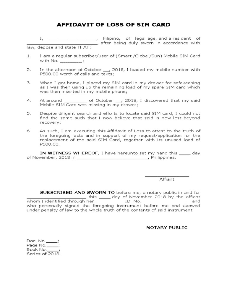 Affidavit of Loss for SIM Card | PDF | Finance & Money Management | Law