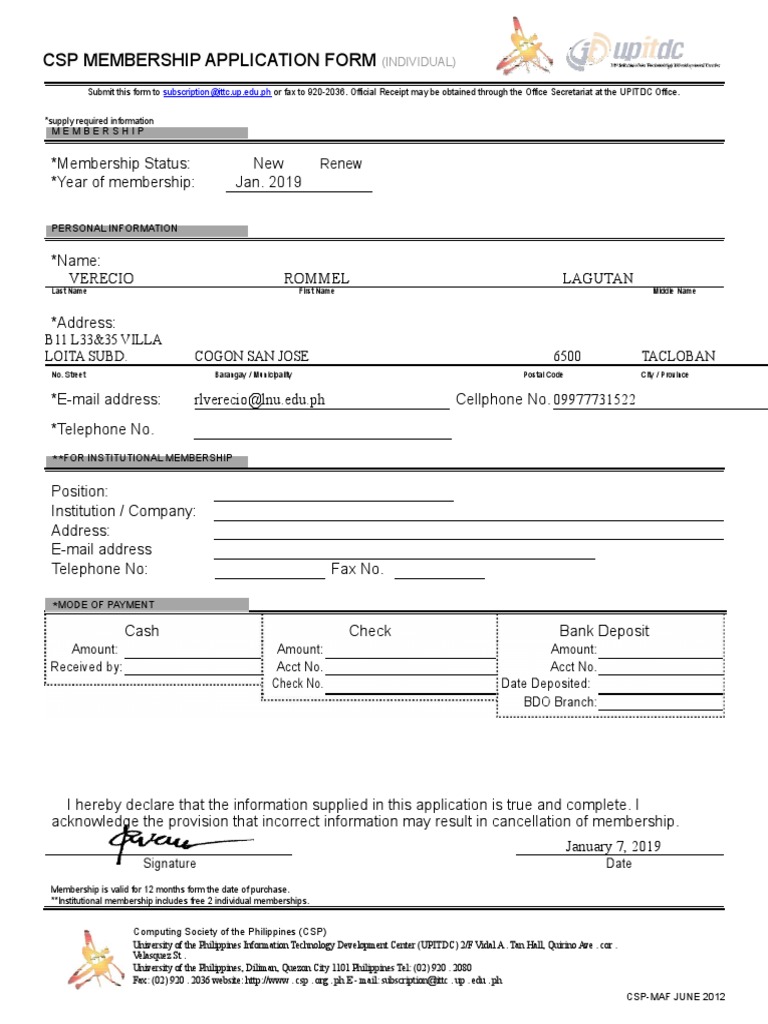 CSP Membership Application Form | PDF | Banking | Service Industries