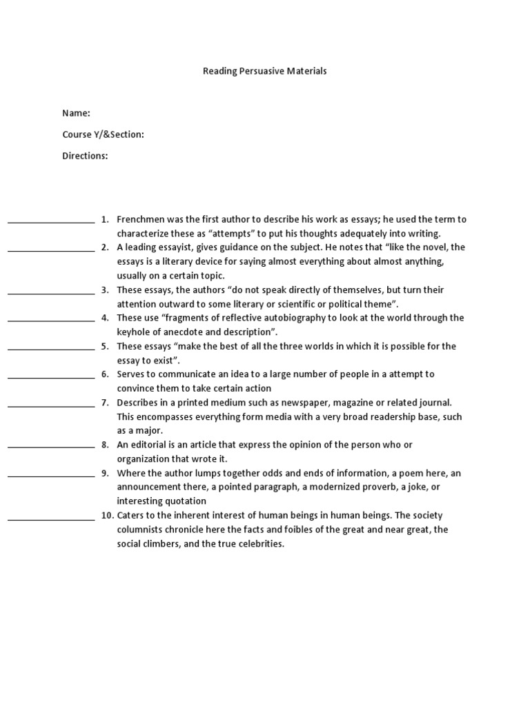 Reading Persuasive Materials QUIZ PDF